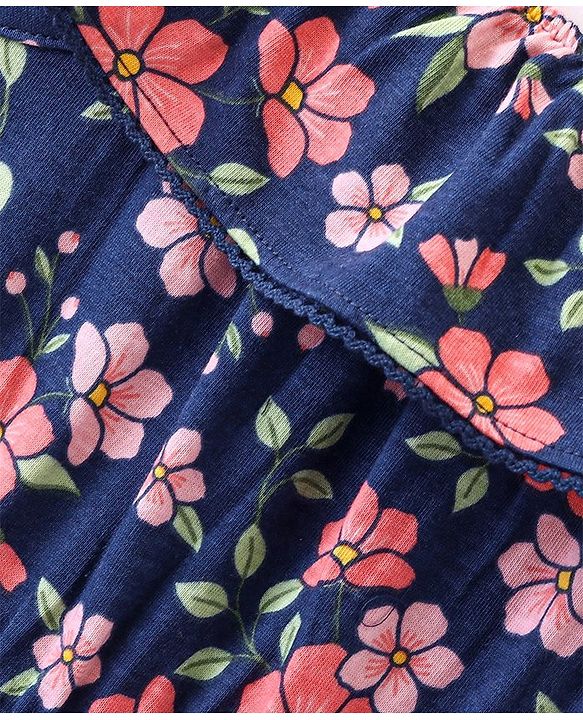 Babyhug Cotton Jersey Sleeveless Floral Printed Singlet Jumpsuit - Navy Blue