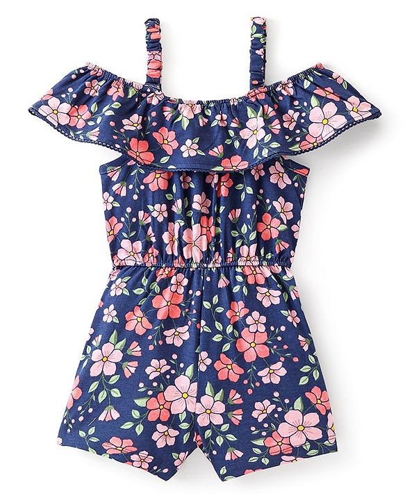 Babyhug Cotton Jersey Sleeveless Floral Printed Singlet Jumpsuit - Navy Blue