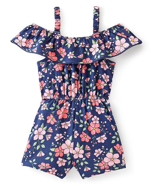 Babyhug Cotton Jersey Sleeveless Floral Printed Singlet Jumpsuit - Navy Blue