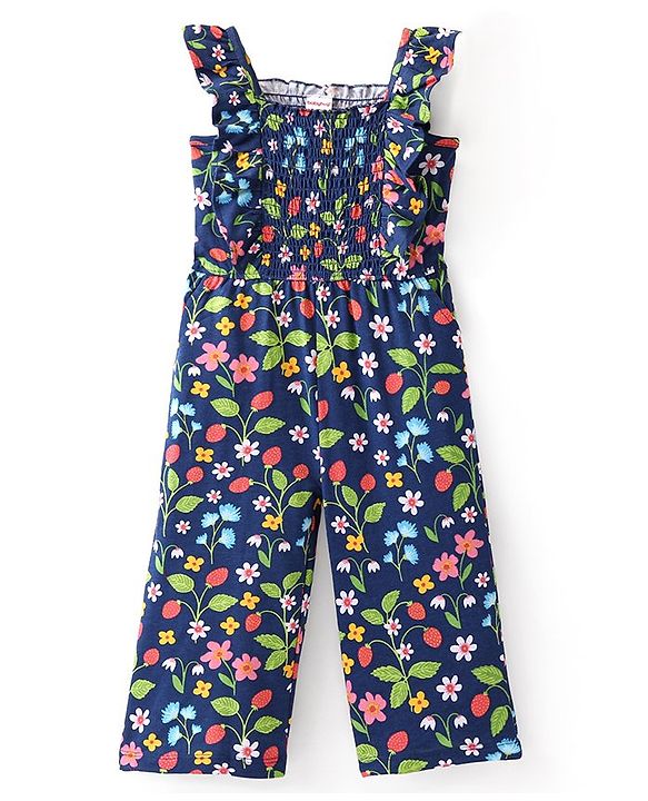 Babyhug Cotton Knit  Sleeveless Jumpsuit  with Floral Print - Navy Blue