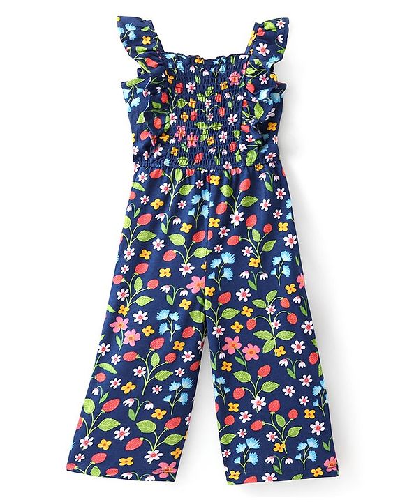 Babyhug Cotton Knit  Sleeveless Jumpsuit  with Floral Print - Navy Blue