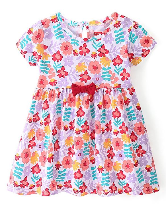 Babyhug Cotton Jersey Knit Half Sleeves Frock with Bloomer Floral Print & Bow Applique- White