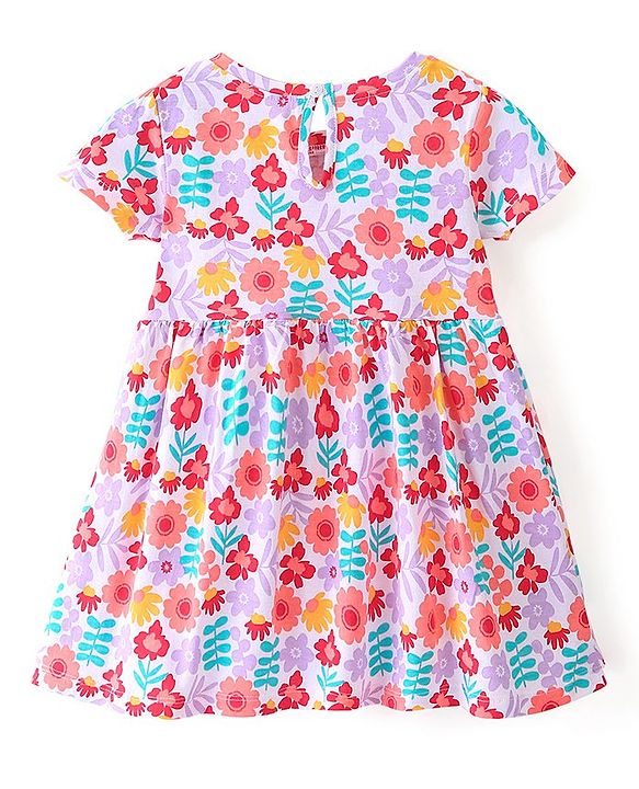 Babyhug Cotton Jersey Knit Half Sleeves Frock with Bloomer Floral Print & Bow Applique- White