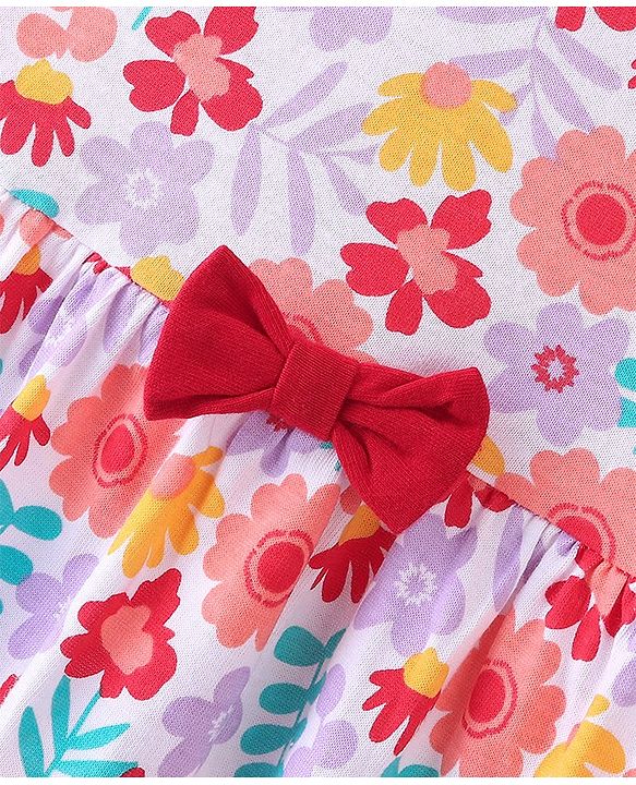 Babyhug Cotton Jersey Knit Half Sleeves Frock with Bloomer Floral Print & Bow Applique- White