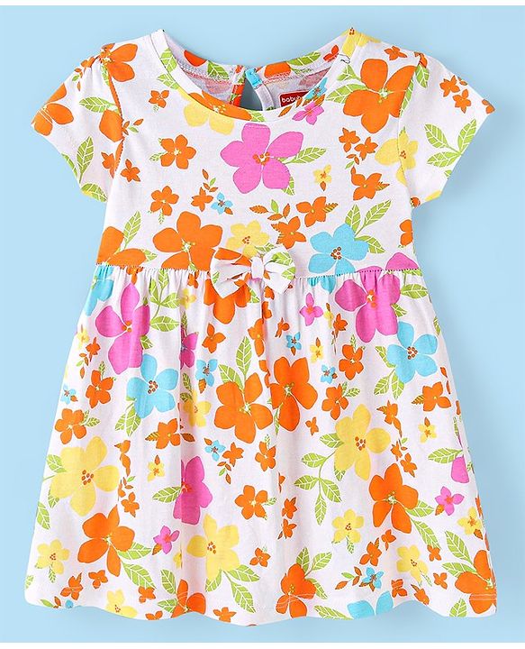 Babyhug 100% Cotton Jersey Knit Half Sleeves Frock With Bloomer Floral Print - Pink