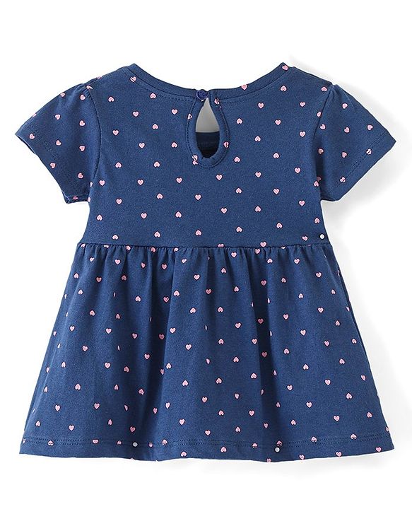 Babyhug Cotton Jersey Knit Half Sleeves Frock With Bloomer Kitty & Heart Print - Navy Blue
