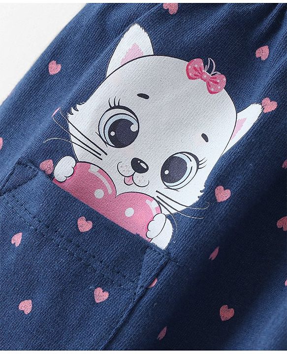 Babyhug Cotton Jersey Knit Half Sleeves Frock With Bloomer Kitty & Heart Print - Navy Blue