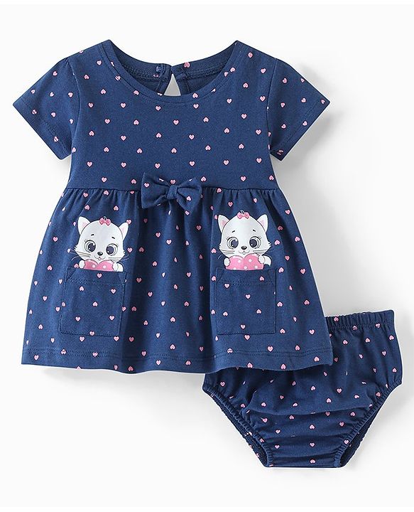 Babyhug Cotton Jersey Knit Half Sleeves Frock With Bloomer Kitty & Heart Print - Navy Blue