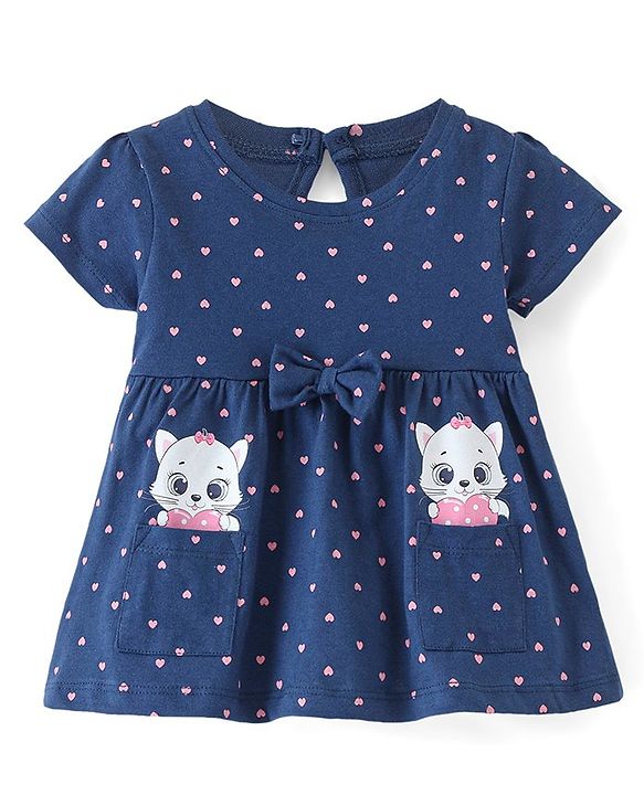 Babyhug Cotton Jersey Knit Half Sleeves Frock With Bloomer Kitty & Heart Print - Navy Blue