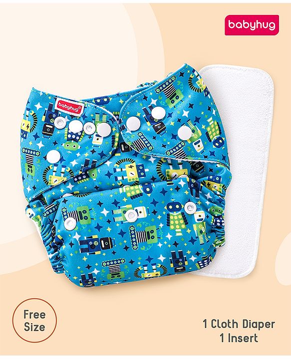 Babyhug Free Size Reusable Cloth Diaper with Smart Dry Insert Combo Robot Print- Teal Blue