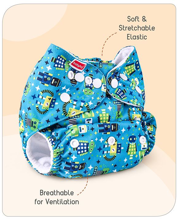Babyhug Free Size Reusable Cloth Diaper with Smart Dry Insert Combo Robot Print- Teal Blue