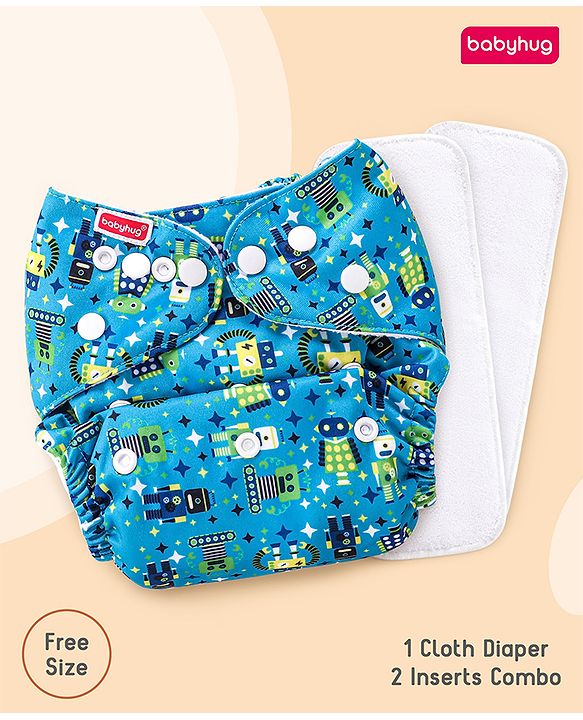 Babyhug Free Size Reusable Cloth Diaper with 2 Smart Dry Inserts Combo Robot Print- Teal Blue