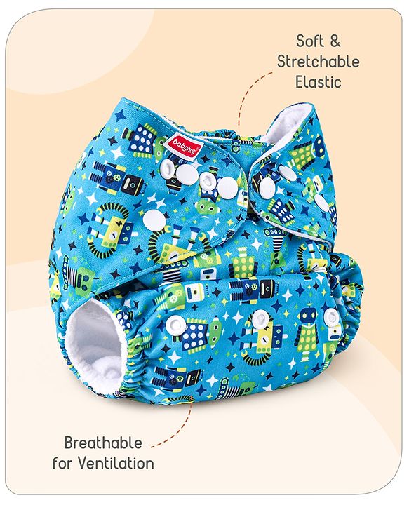 Babyhug Free Size Reusable Cloth Diaper with 2 Smart Dry Inserts Combo Robot Print- Teal Blue