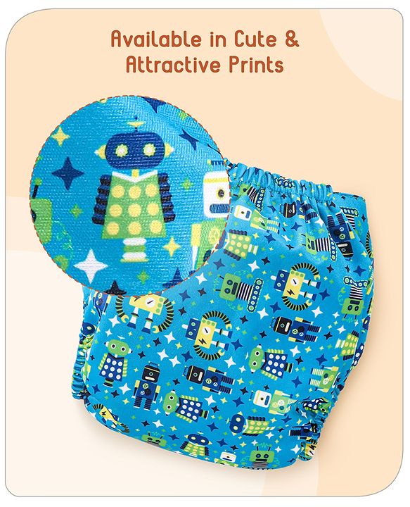 Babyhug Free Size Reusable Cloth Diaper with 2 Smart Dry Inserts Combo Robot Print- Teal Blue
