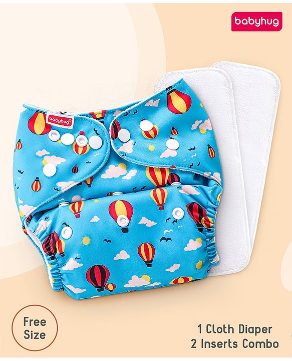 Babyhug Free Size Reusable Cloth Diaper with 2 Smart Dry Inserts Combo Robot Print- Teal Blue