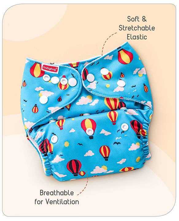 Babyhug Free Size Reusable Cloth Diaper with 2 Smart Dry Inserts Combo Robot Print- Teal Blue