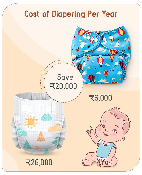 Babyhug Free Size Reusable Cloth Diaper with 2 Smart Dry Inserts Combo Robot Print- Teal Blue