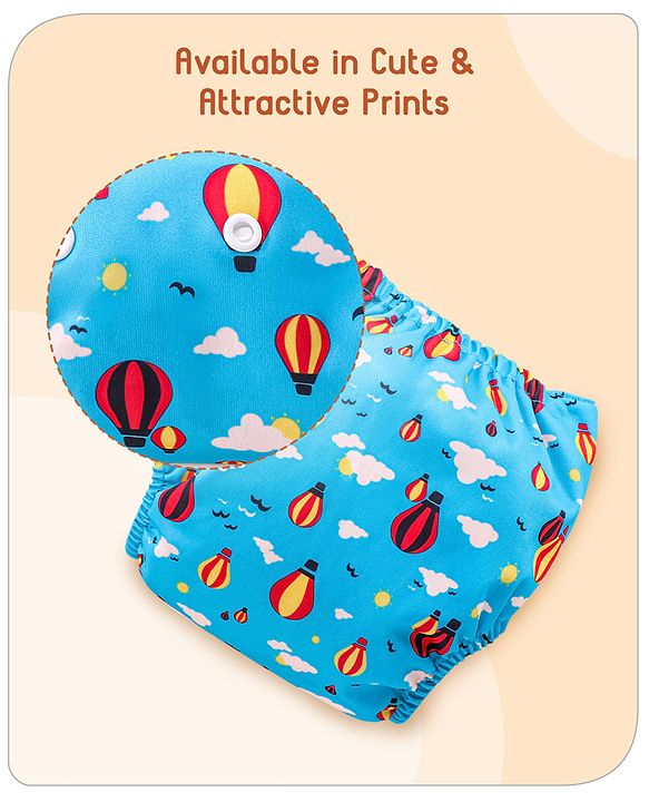 Babyhug Free Size Reusable Cloth Diaper with 2 Smart Dry Inserts Combo Robot Print- Teal Blue