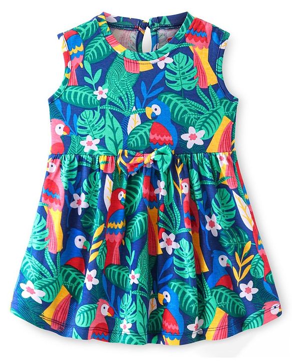 Babyhug Cotton Jersey Knit Sleeveless Frock Parrot Print - Blue