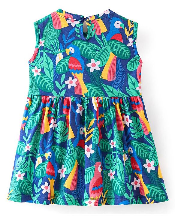 Babyhug Cotton Jersey Knit Sleeveless Frock Parrot Print - Blue