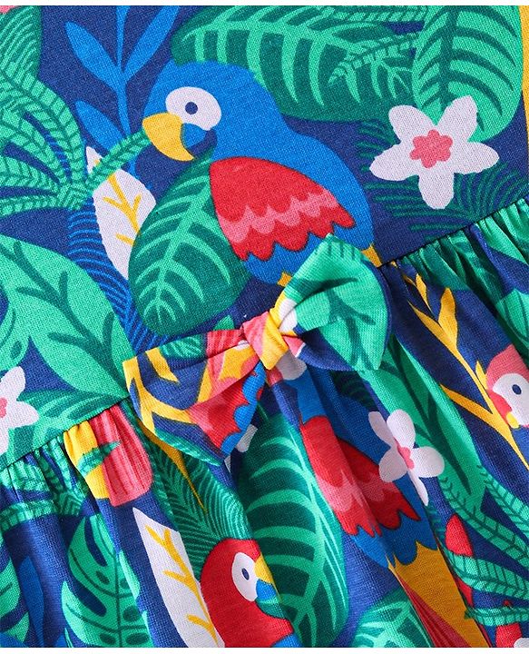 Babyhug Cotton Jersey Knit Sleeveless Frock Parrot Print - Blue