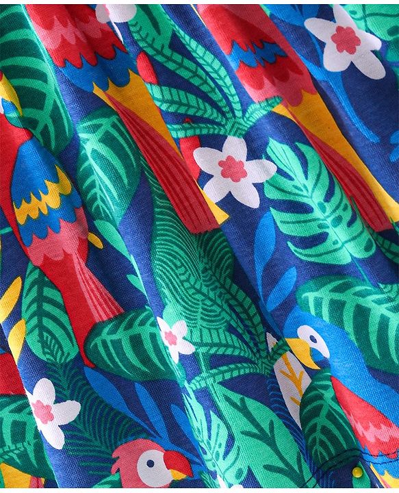Babyhug Cotton Jersey Knit Sleeveless Frock Parrot Print - Blue
