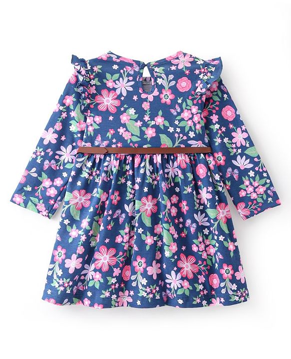 Babyhug Cotton Jersey Knit Full Sleeves Frock with Belt Floral Print - Blue