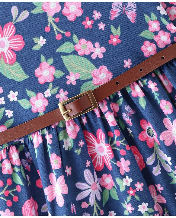 Babyhug Cotton Jersey Knit Full Sleeves Frock with Belt Floral Print - Blue