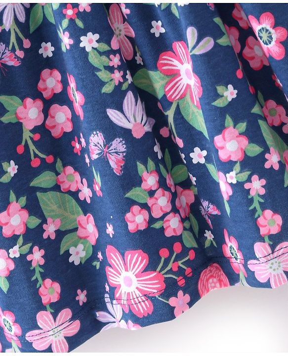 Babyhug Cotton Jersey Knit Full Sleeves Frock with Belt Floral Print - Blue