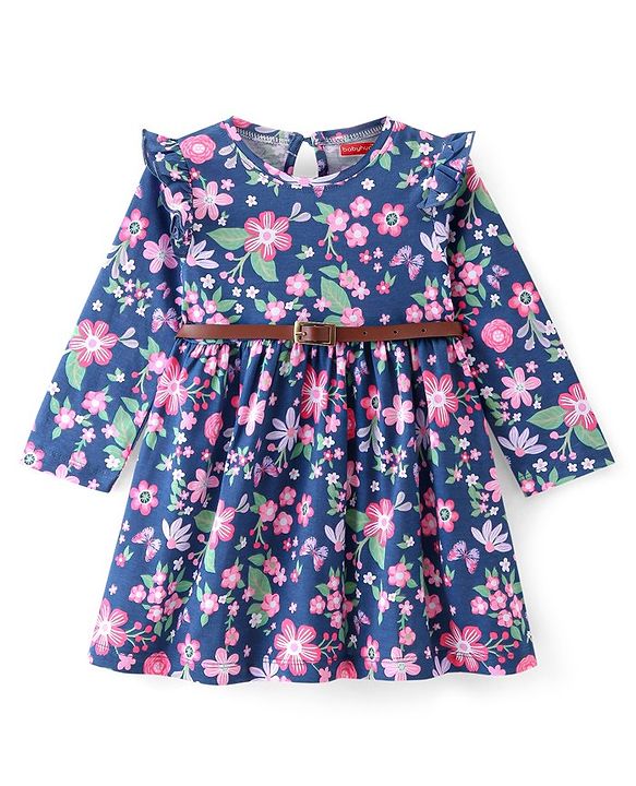 Babyhug Cotton Jersey Knit Full Sleeves Frock with Belt Floral Print - Blue