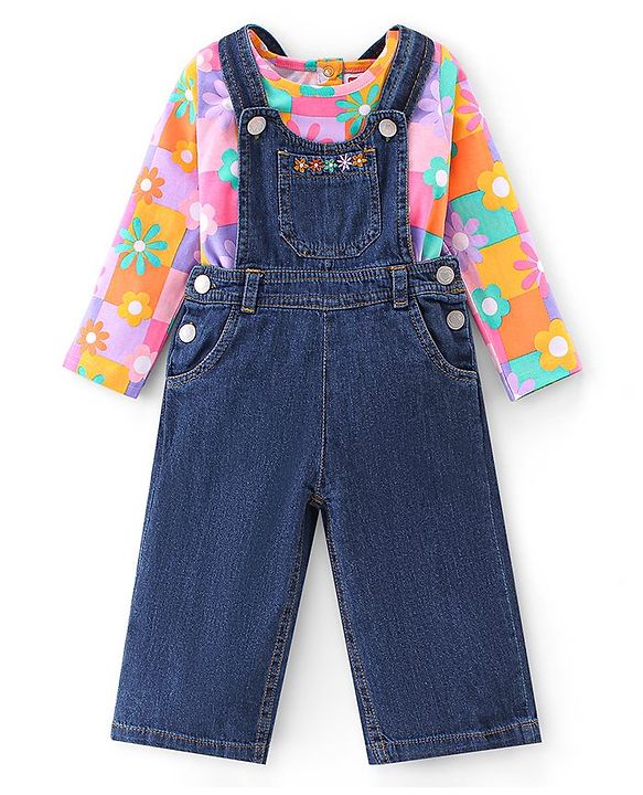 Babyhug 100% Cotton Knit Dungaree & Half Sleeves T-Shirt Set With Floral Print - Blue & Yellow Orange