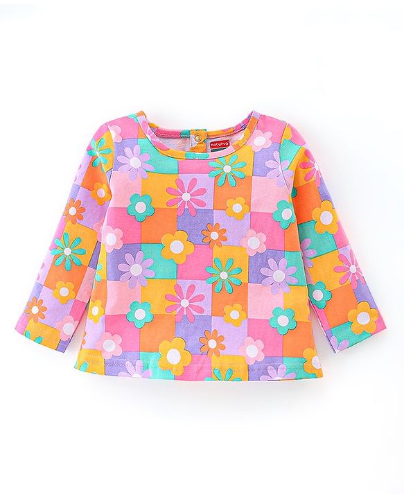 Babyhug 100% Cotton Knit Dungaree & Half Sleeves T-Shirt Set With Floral Print - Blue & Yellow Orange