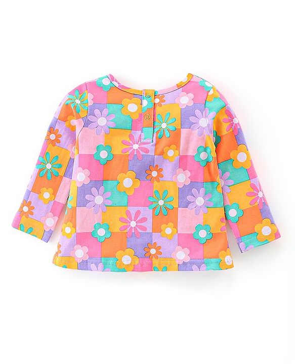 Babyhug 100% Cotton Knit Dungaree & Half Sleeves T-Shirt Set With Floral Print - Blue & Yellow Orange