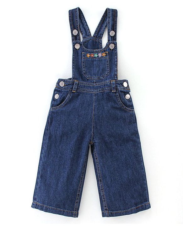 Babyhug 100% Cotton Knit Dungaree & Half Sleeves T-Shirt Set With Floral Print - Blue & Yellow Orange