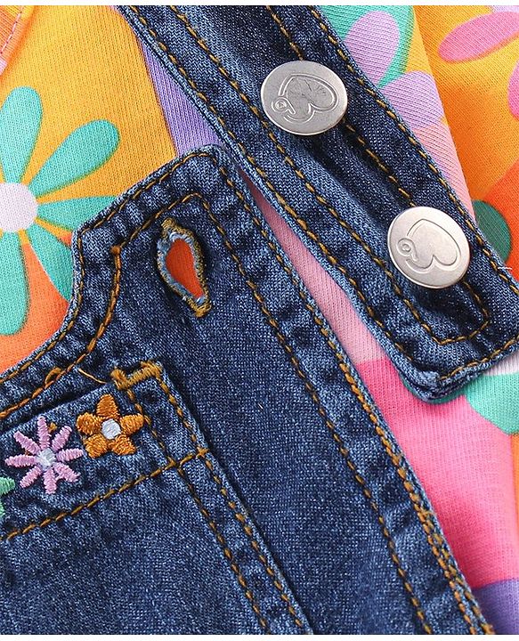 Babyhug 100% Cotton Knit Dungaree & Half Sleeves T-Shirt Set With Floral Print - Blue & Yellow Orange
