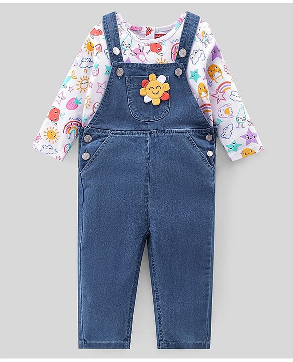 Babyhug 100% Cotton Woven Dungarees With Full Sleeves T-Shirt With Sun Print & Applique -
