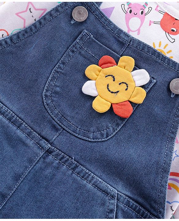 Babyhug 100% Cotton Woven Dungarees With Full Sleeves T-Shirt With Sun Print & Applique -