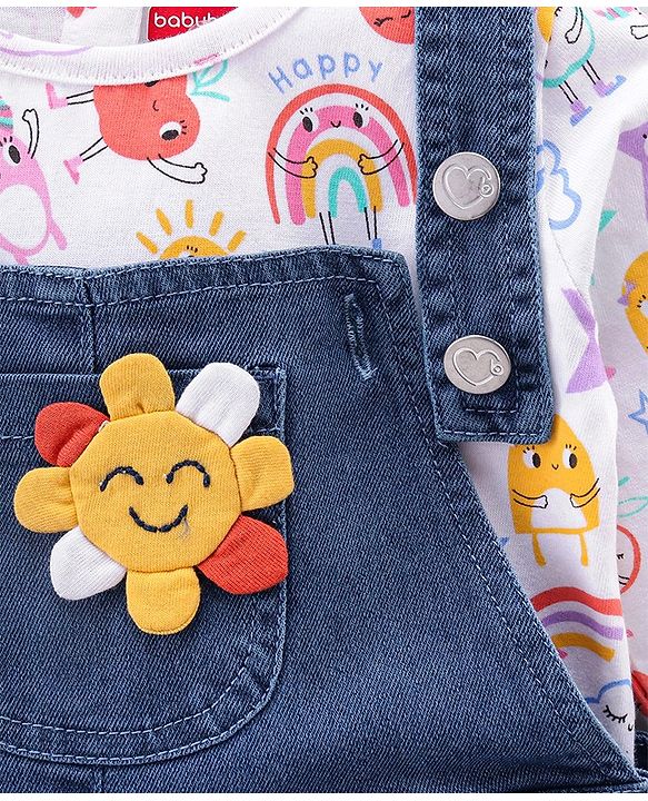 Babyhug 100% Cotton Woven Dungarees With Full Sleeves T-Shirt With Sun Print & Applique -