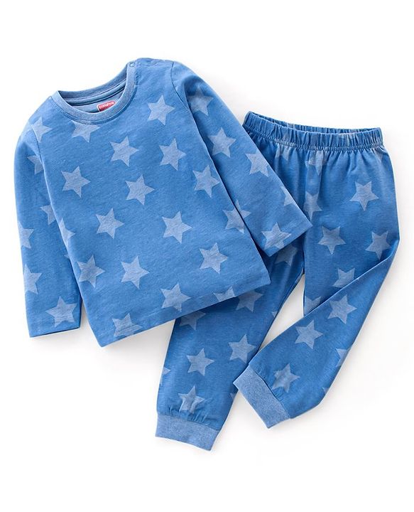 Babyhug Cotton Knit Single Jersey Full Sleeves Night Suit With Star Print - Navy Blue