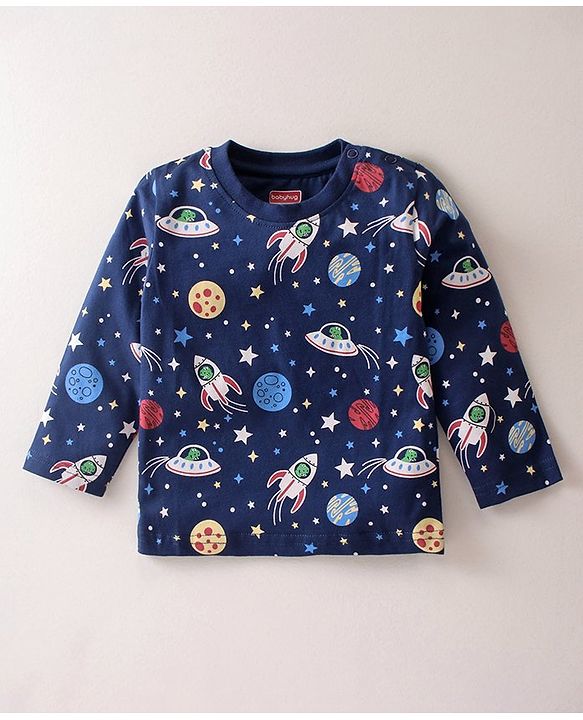 Babyhug Single Jersey Knit  Full Sleeves Night Suit Space Theme Print - Navy Blue