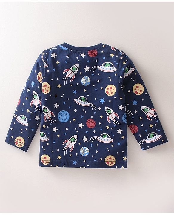 Babyhug Single Jersey Knit  Full Sleeves Night Suit Space Theme Print - Navy Blue