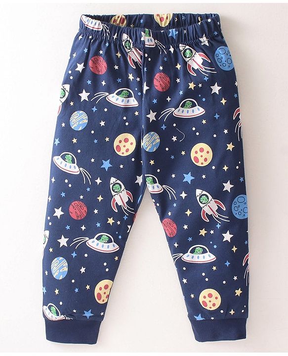 Babyhug Single Jersey Knit  Full Sleeves Night Suit Space Theme Print - Navy Blue