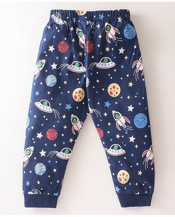 Babyhug Single Jersey Knit  Full Sleeves Night Suit Space Theme Print - Navy Blue