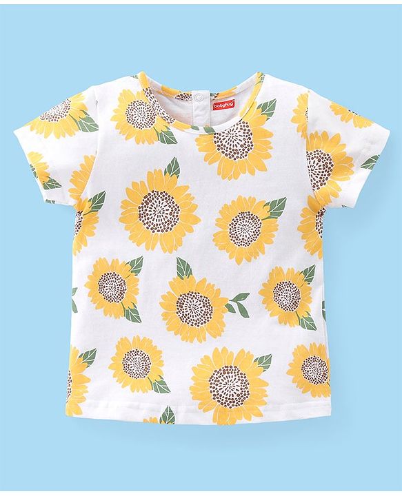 Babyhug Single Jersey Woven Half Sleeves T-Shirt with Floral Print  & Denim Dungaree - White & Blue