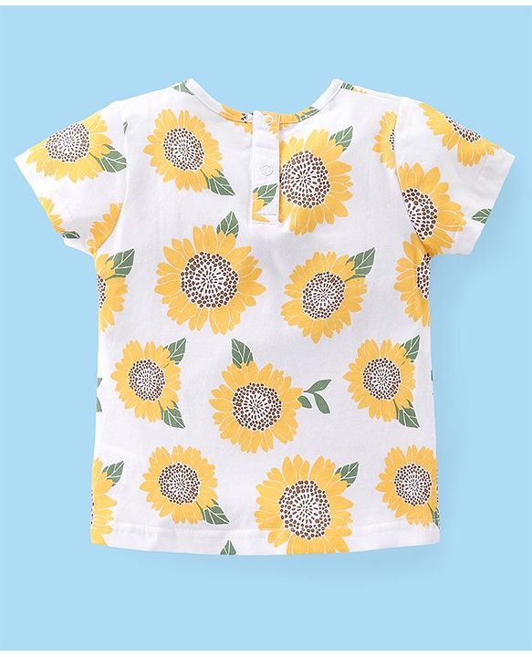Babyhug Single Jersey Woven Half Sleeves T-Shirt with Floral Print  & Denim Dungaree - White & Blue