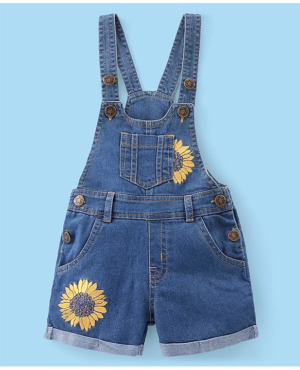Babyhug Single Jersey Woven Half Sleeves T-Shirt with Floral Print  & Denim Dungaree - White & Blue
