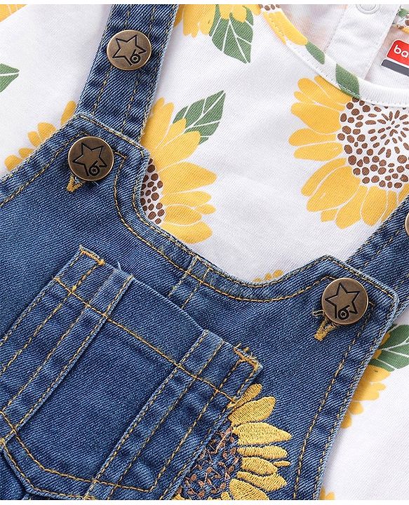 Babyhug Single Jersey Woven Half Sleeves T-Shirt with Floral Print  & Denim Dungaree - White & Blue