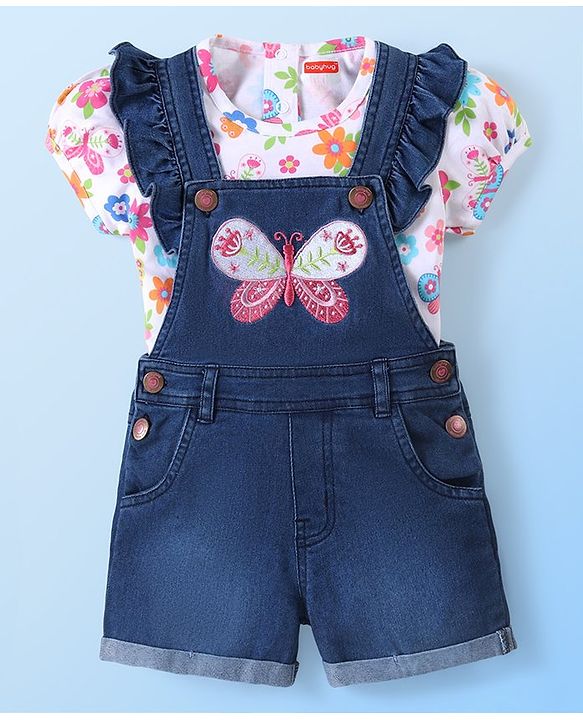 Babyhug Single Jersey Woven Half Sleeves T-Shirt  & Denim Butterfly Print & Embroidery - White & Blue