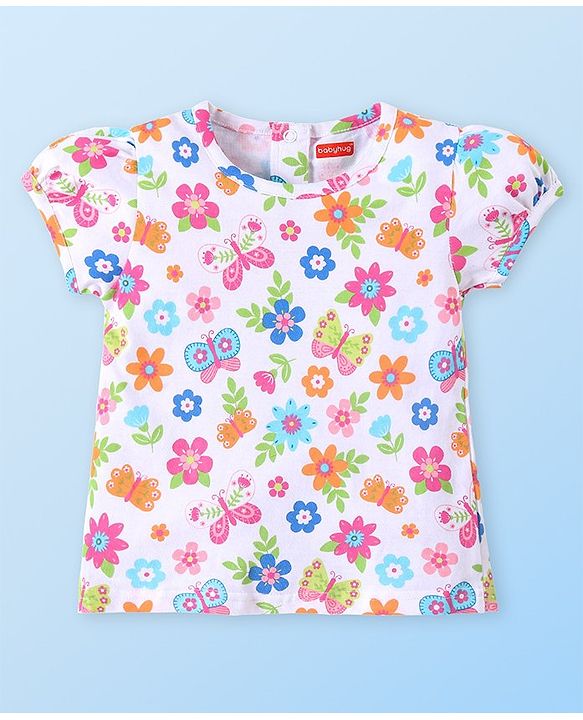 Babyhug Single Jersey Woven Half Sleeves T-Shirt  & Denim Butterfly Print & Embroidery - White & Blue