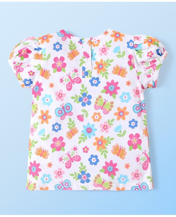 Babyhug Single Jersey Woven Half Sleeves T-Shirt  & Denim Butterfly Print & Embroidery - White & Blue